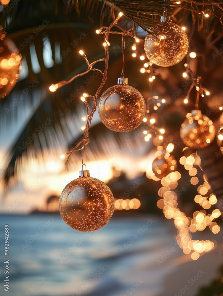 A close-up of light garlands and golden baubles Christmas ornaments hanging from the branches of a palm tree on the beach A close-up of light garlands and golden baubles Christmas ornaments hanging from the branches of a palm tree on the beach