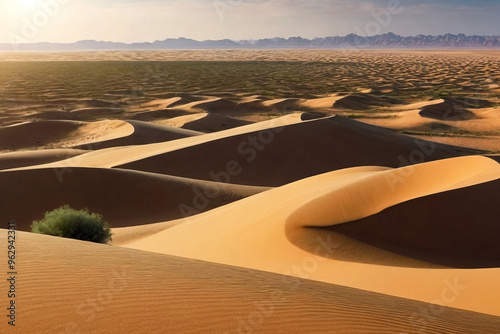 Panorama of landscape Sahara desert with sandy dunes and  vegetations sunny summertime day. Photo of view desert hills with sand, blue sky. Sahara, Africa. Copy ad text space photo