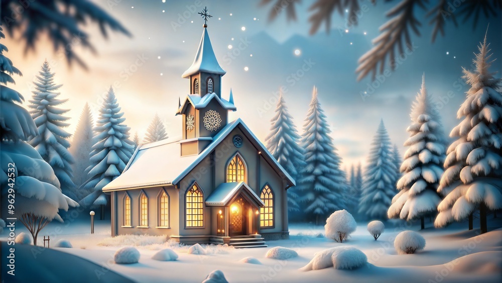 Fototapeta premium Peaceful Wooden Church Illuminated by Soft Moonlight on Snowy Winter Night