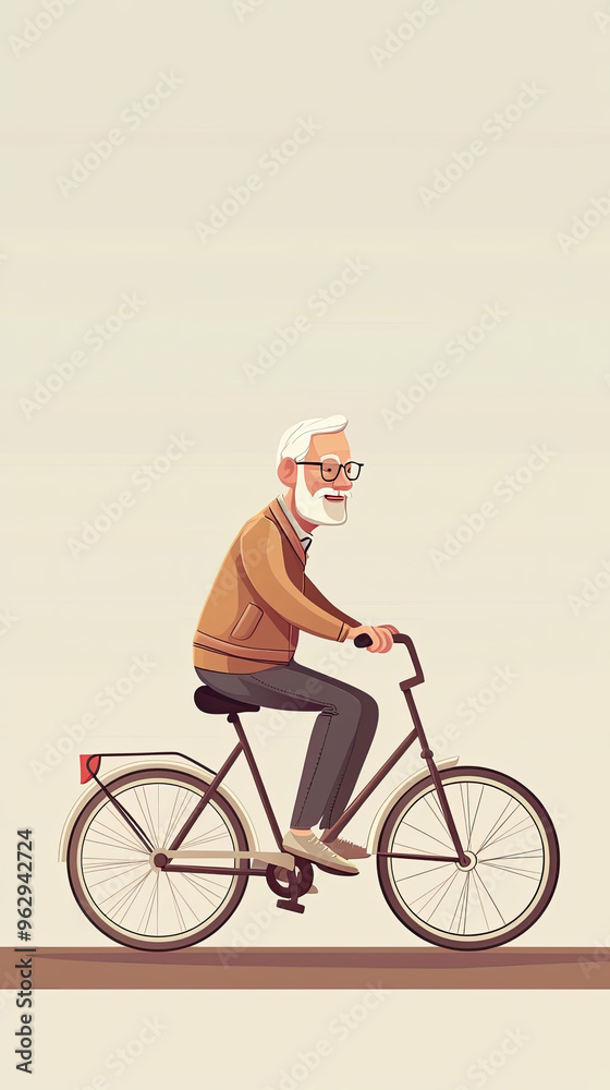 Naklejka premium A Senior Citizen's Joyride: A Cartoon Illustration of an Elderly Man, Full of Life, Enjoying a Ride on His Bicycle.