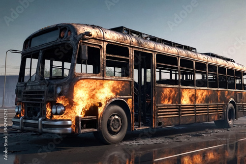 Completely burnt out and carbonized bus. Vehicle blown up by military shell burned abandoned automobile during war operations. Copy ad text space photo