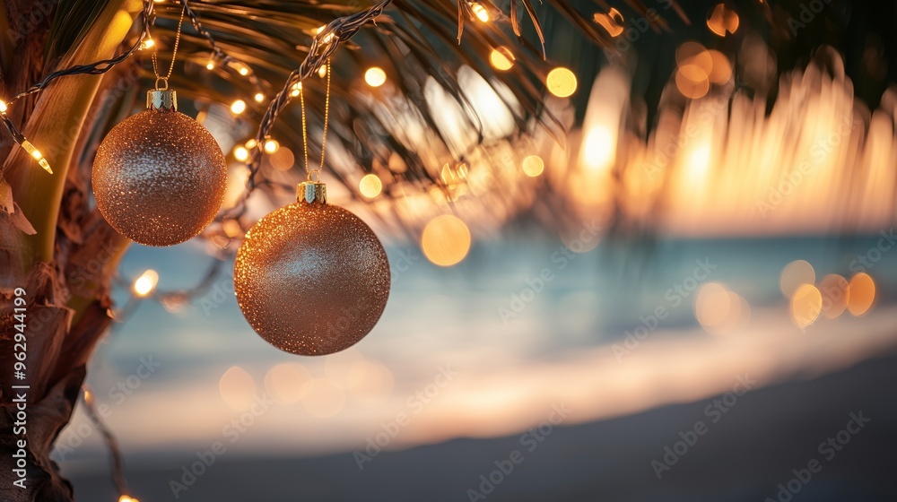 Obraz premium A close-up of light garlands and golden baubles Christmas ornaments hanging from the branches of a palm tree on the beach