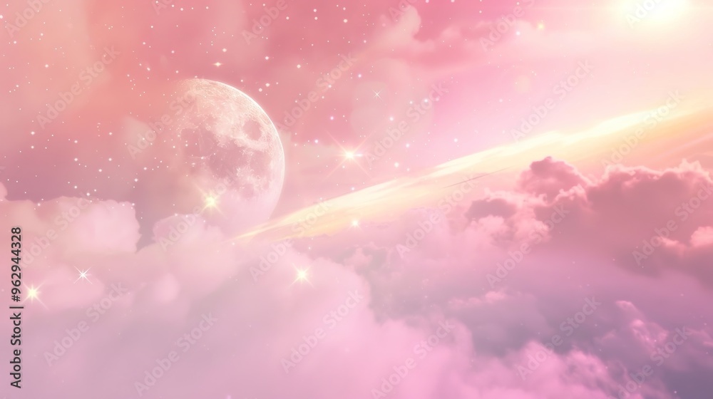 Obraz premium : A pink dreamy sky background that presents a soft and enchanting visual. The pink hues blend together seamlessly, creating a romantic and peaceful atmosphere. The sky seems to stretch out infinitely