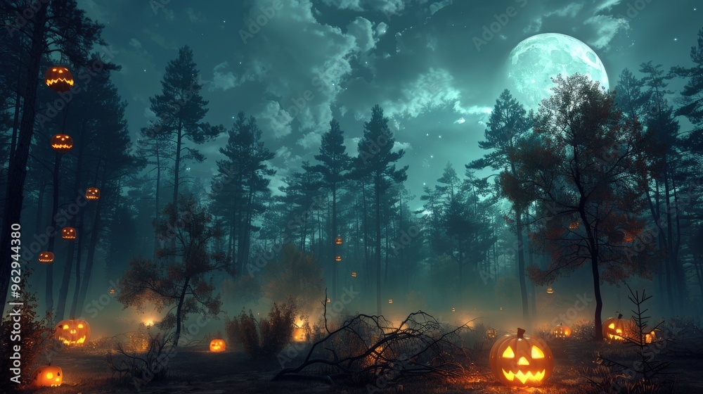 In a spooky Halloween forest, fog rolls through the trees while glowing pumpkins and eerie shadows create an atmospheric scene under the full moon.