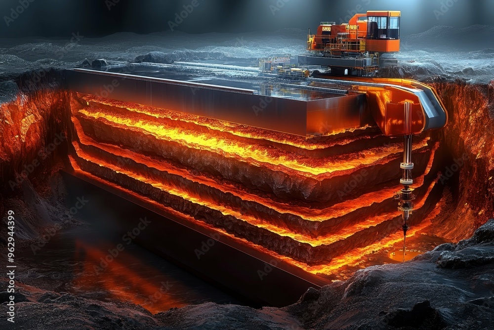 A large, high-tech fracking machine drilling through rock layers, shown ...
