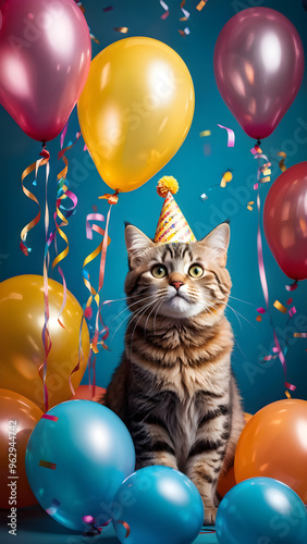 cat in a party hat on a blue background, birthday, pet, bright colourful balloons, cute tubby kitten in a cap, holiday, looking photo