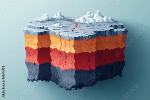 Simple, flat lines representing layers of earth, with cracks forming where the fracking process occurs, illustrating the geological changes associated with resource extraction photo