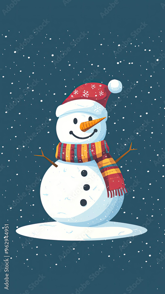 Fototapeta premium A cheerful snowman, bundled in a red scarf and hat, smiles warmly amidst a gentle snowfall. The perfect winter scene!