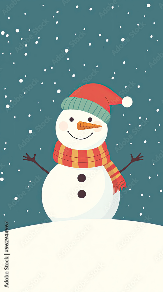 Fototapeta premium A cheerful snowman with a red hat and scarf, standing in a snowy landscape, joyfully embracing the winter season.