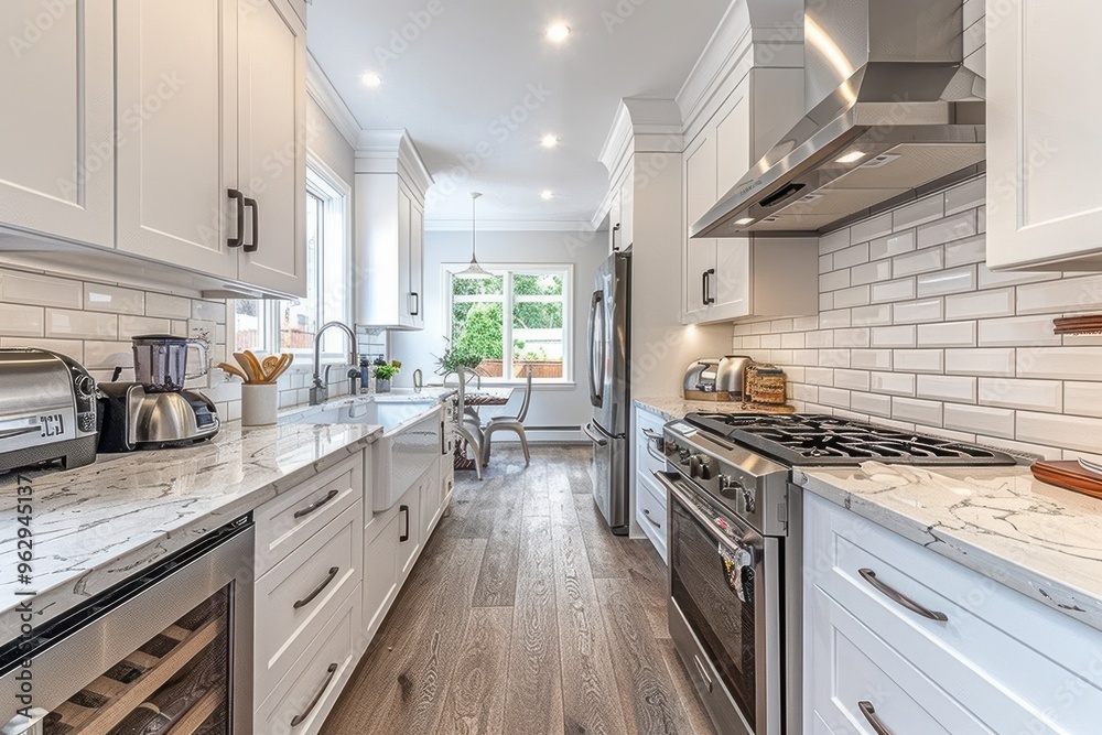 Fototapeta premium A kitchen with white cabinets and a countertop