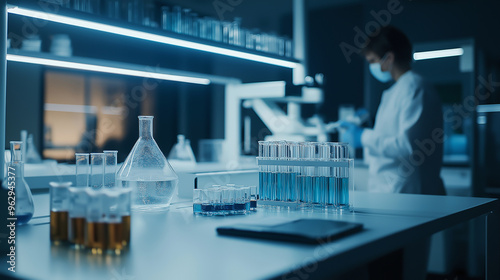Scientist in lab coat focused on laptop doing medical research.