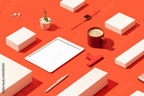 Digital tablet mockup, template on red background with white gift boxes