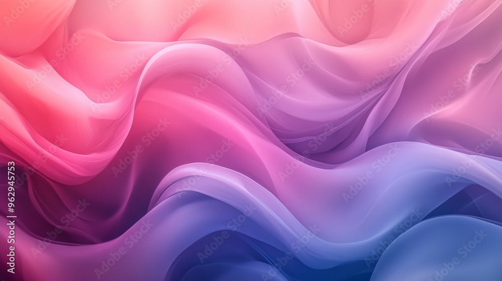 Obraz premium A modern abstract scene of rippling layers in pastel pink, blue, and purple, with soft lighting and gradients