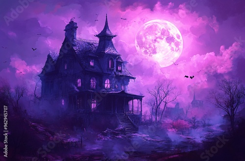 A Halloween Hauntingly beautiful abandoned mansion under a vibrant pink full moon at night, surrounded by eerie trees and a mysterious atmosphere