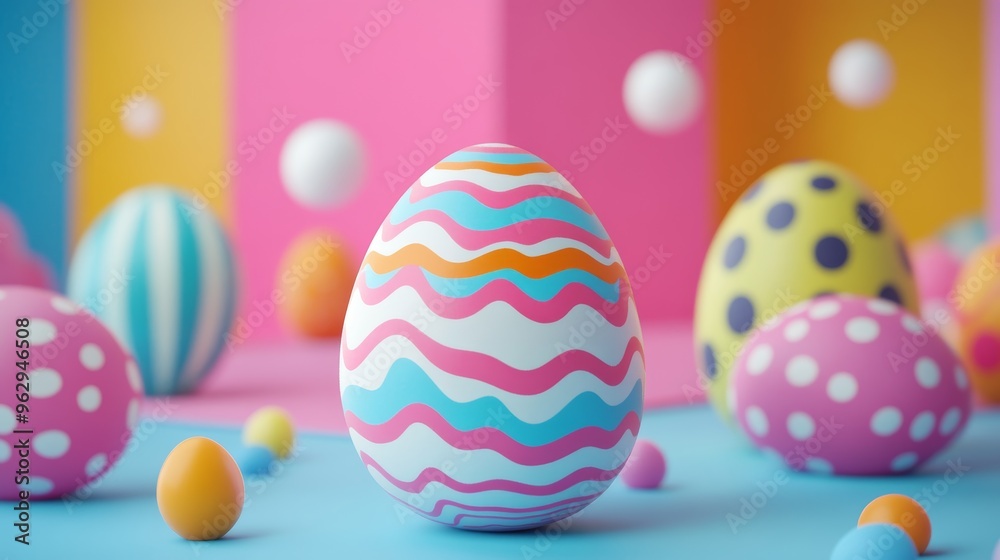 Colorful Easter Eggs with Wavy Patterns and Polka Dots against a Vibrant Background Colorful Easter Eggs with Wavy Patterns and Polka Dots against a Vibrant Background