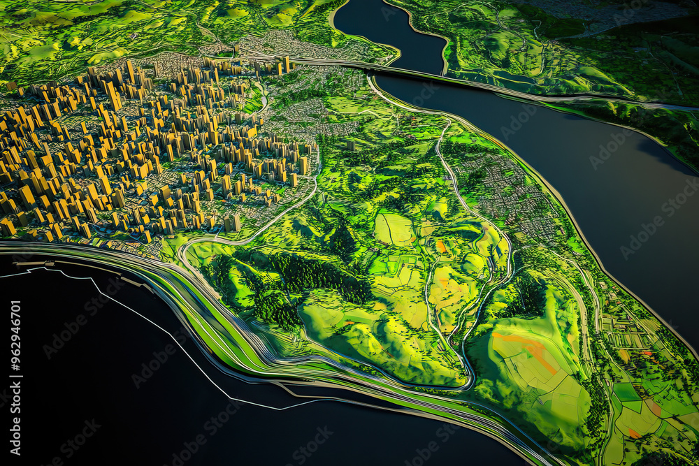 Technical aerial visual, 3D LiDAR GIS aerial map satellite scan model ...