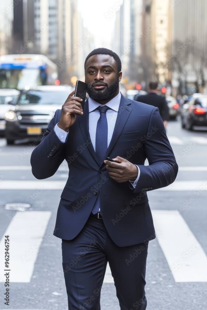 A man in a suit crossing a busy intersection, talking on his phone with a focused expression A man in a suit crossing a busy intersection, talking on his phone with a focused expression