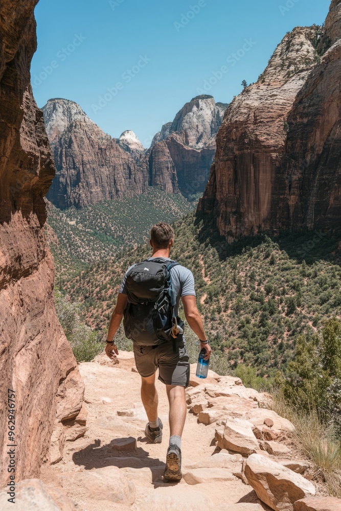 A man hiking up a rugged trail with a backpack, reaching for a water bottle while taking in the view A man hiking up a rugged trail with a backpack, reaching for a water bottle while taking in the view