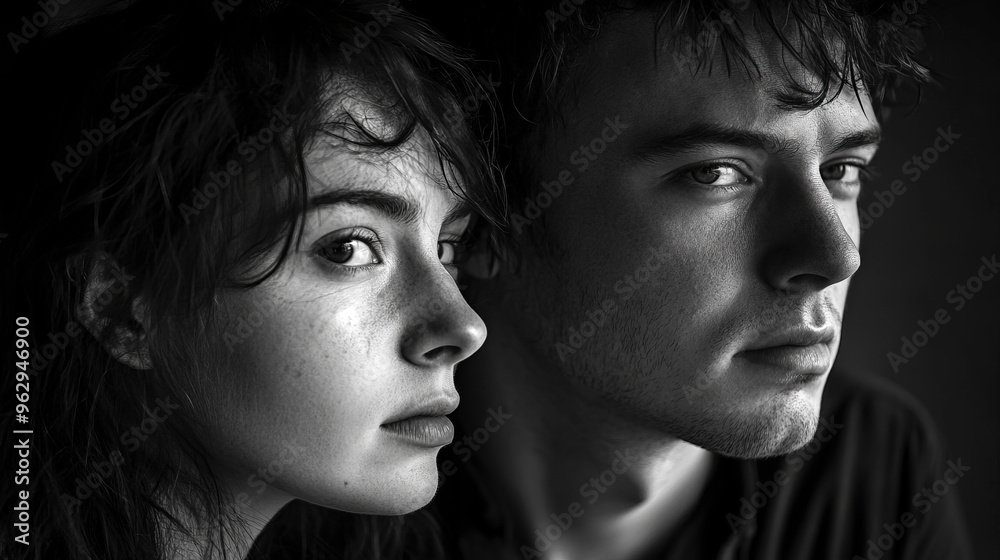 In black and white light, their facial expressions become even more dramatic. The couple stands side by side, creating a sense of unity and at the same time internal conflict. In black and white light, their facial expressions become even more dramatic. The couple stands side by side, creating a sense of unity and at the same time internal conflict.