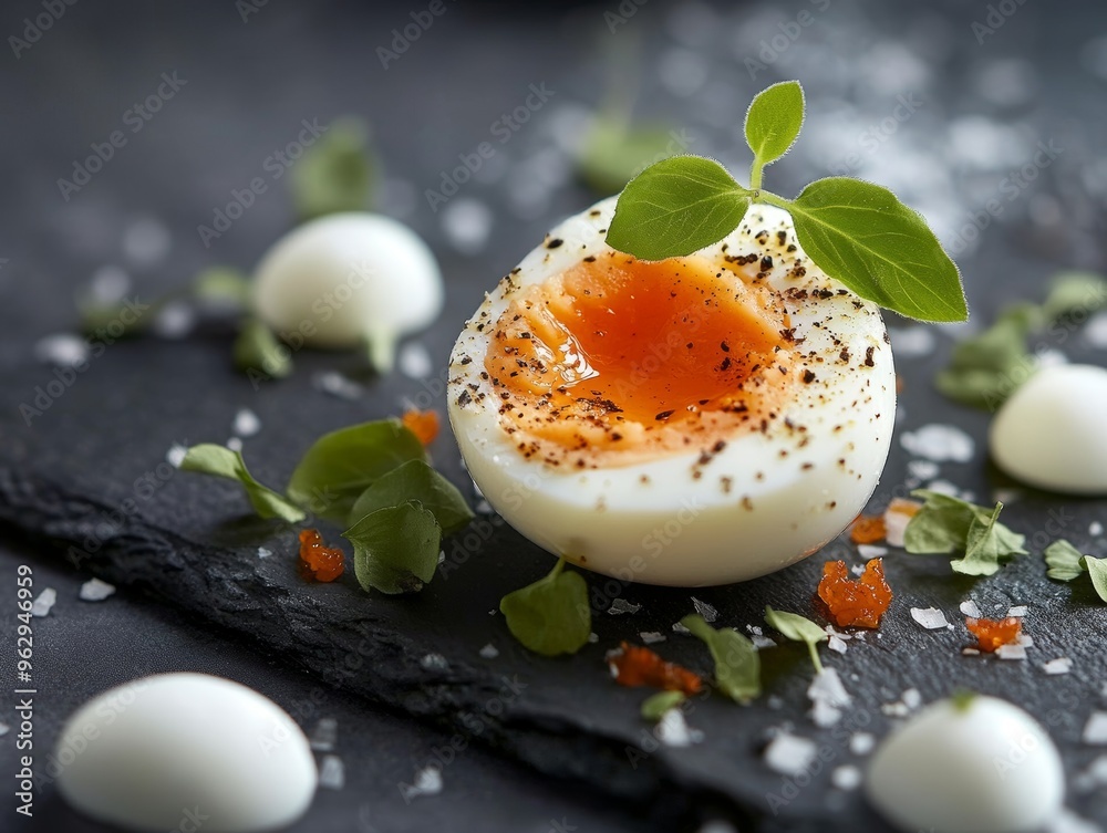 Gourmet Soft Boiled Egg with Herbs, Salt and a Touch of Caviar on a Slate Plate Gourmet Soft Boiled Egg with Herbs, Salt and a Touch of Caviar on a Slate Plate