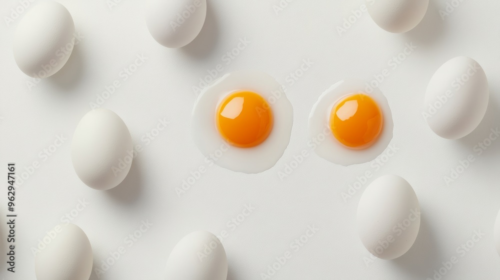 Minimalist White Eggs and Sunny-Side Up Egg Yolk on a White Background Minimalist White Eggs and Sunny-Side Up Egg Yolk on a White Background