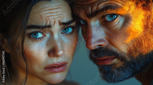 Close-up portrait of a man and woman looking at the camera with serious expressions.