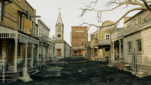 3D illustration rendering of an empty street in an old wild west town with wooden buildings.
