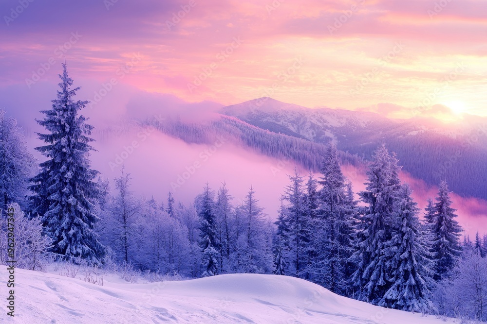 Winter landscape with snow-covered trees on a mountain at sunrise under a pink and purple sky Generative AI Winter landscape with snow-covered trees on a mountain at sunrise under a pink and purple sky Generative AI