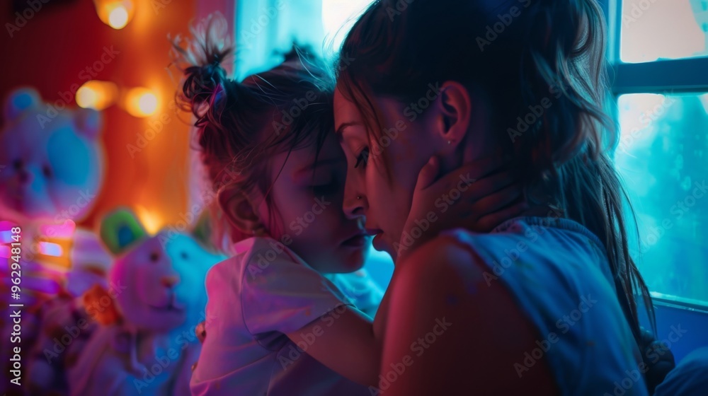 A tender moment between mother and daughter in a softly lit room full of toys and warm colors. Love fills the air around them.