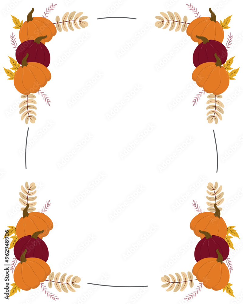 Thanksgiving vertical template for greeting card. Pumpkins border frame with space text on white background Thanksgiving vertical template for greeting card. Pumpkins border frame with space text on white background