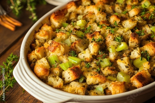 Bread Stuffing Recipe with Herbs and Celery as Thanksgiving Side Dish