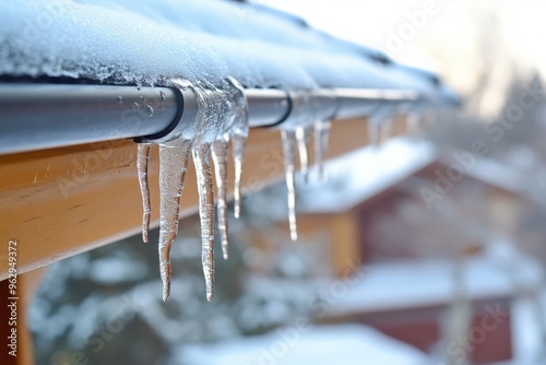 Gutters: Plastic Connector Drip Spout on Roof of House with Rain and Snow Background