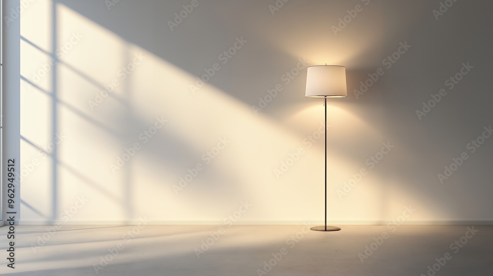 A minimalist room with a single floor lamp casting a warm glow on a white wall. The sunlight streams through the window, creating soft shadows on the floor. A minimalist room with a single floor lamp casting a warm glow on a white wall. The sunlight streams through the window, creating soft shadows on the floor.