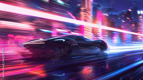 The car zooming past a futuristic skyline. AI generate illustration