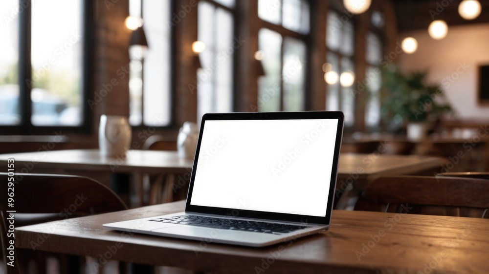 Blank screen laptop mockup on cafe Blank screen laptop mockup on cafe