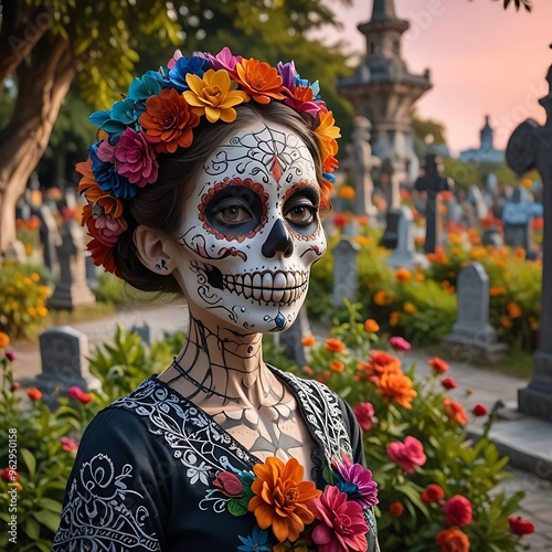 Day of the Dead in Mexico and cemetery decorations photo