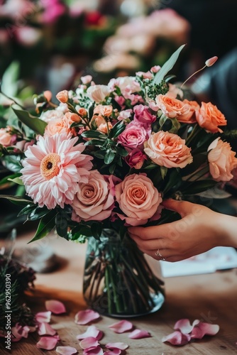 A person carefully arranging fresh flowers in a vase, with petals scattered on the table