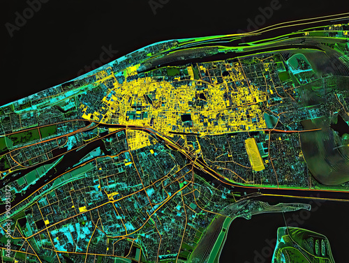 Technical aerial visual, 3D LiDAR GIS aerial map satellite scan model isolated, showing Asuncin, Paraguay . Elevation, topography, render photo