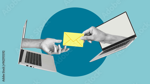 Message on a computer concept. Hand with a letter from a laptop and hand reaching for the letter. Writing and sending e-mail photo