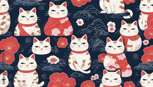 Hand drawn Japanese style seamless cat pattern