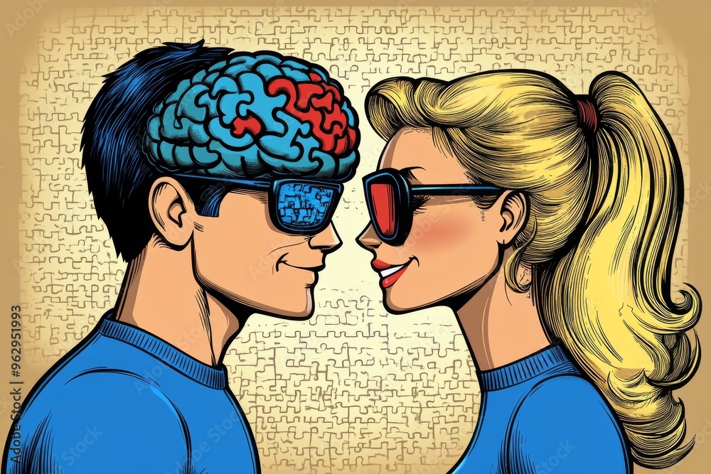 Neurodevelopment Glial cell Pop art style couple with puzzle and brain elements symbolizing intellectual connection emotional harmony and problem solving