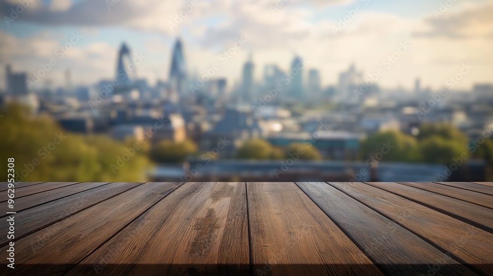 Wooden table with blurred river cityscape background Wooden table with blurred river cityscape background