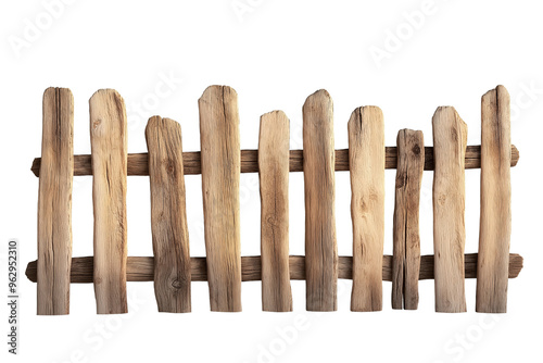 A rustic wooden fence isolated on a white background, showcasing the natural texture and aged appearance of the wooden planks.