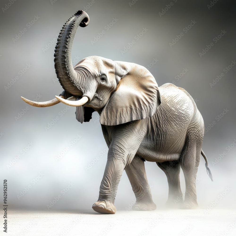 Obraz premium Majestic elephant walking gracefully in a misty environment, showcasing its unique features and powerful presence.