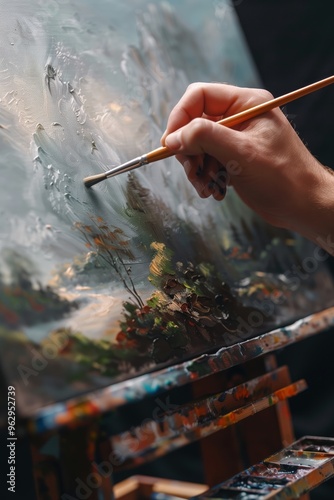 Cyborg hand holds paintbrush over canvas on easel. Artist creates landscape painting with blue, green, and yellow colors. Dark background contrasts vibrant artwork. Tech meets art in creative concept. photo