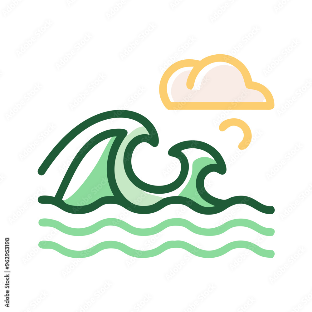 Stylized Green Wave Icon with Cheerful Sun and Cloud Stylized Green Wave Icon with Cheerful Sun and Cloud