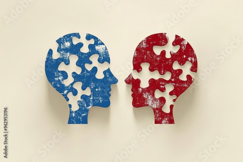 Brain behavior Glial cell Red and blue puzzle head icons symbolizing problem solving intellectual diversity and cognitive collaboration in modern relationships