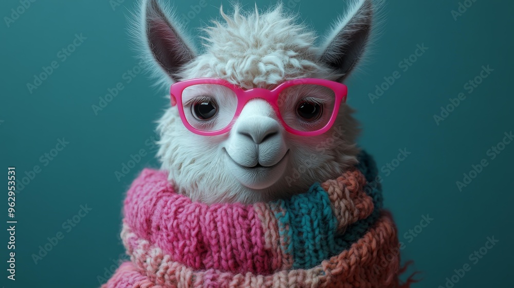 Fototapeta premium Cute Llama in Pink Glasses and Colorful Scarf Generative AI
