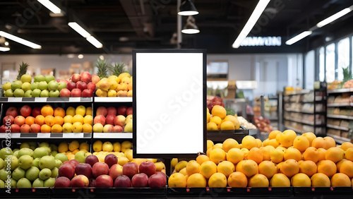 fruit stand in supermarket, white blank mockup, banner, frame, advertising commercial billboard, price tag, sale, discount, store, shop, shopping, stall, grocery 