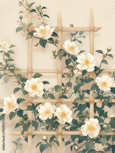  Wooden trellis adorned with white camellias and suspended birdcages, rendered in digital illustration clipart style, embodying the essence of cottagecore aesthetics. photo